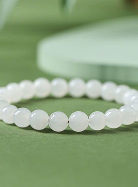欧蒂朵新疆和田玉手串女款羊脂玉白玉圆珠素圈手链女士生日礼物【