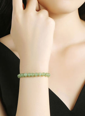 凤禧珠宝和田玉手链女款玉石手串晴水绿珠链6mm生日平安夜圣诞节