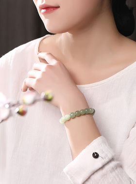 净心石【新年礼物】和田玉手串女款老型珠单圈手链浅青玉款