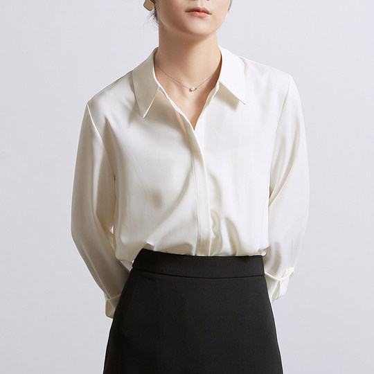 CHICBLISS 白色缎面衬衫女长袖秋季新款通勤暗门襟垂感面试衬衣女