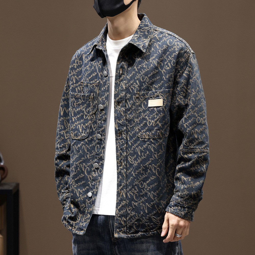 牛仔衬衫男士2025秋季新款提花复古翻领休闲长袖衬衣工装外套 - 图1