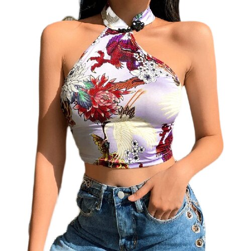 ladies Chinese Style Tops Dragon Floral Tee Crop Top Tank - 图3