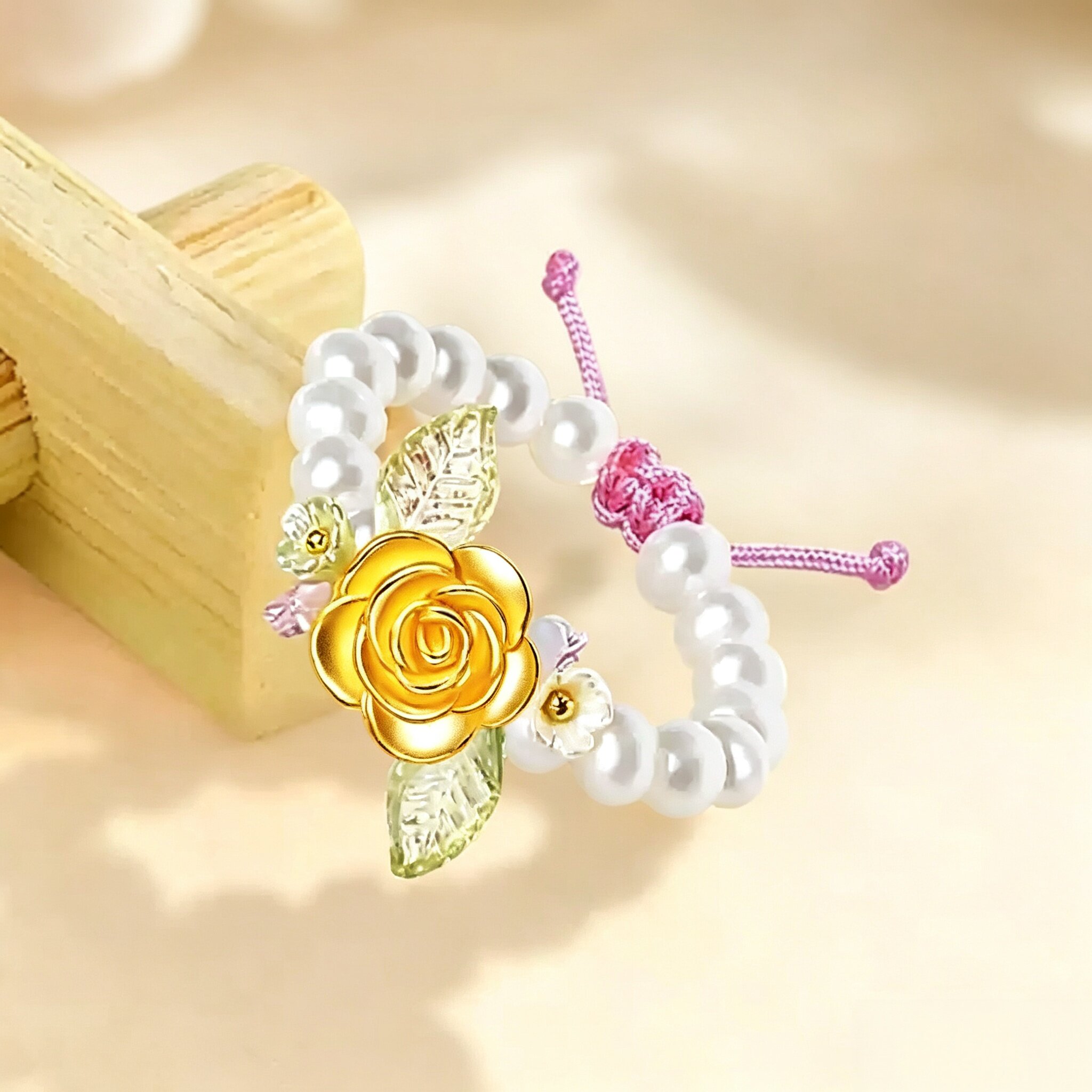 Pure Gold Rose Ring Red Women's Handmade Pearl Ring