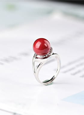 玉石匠原矿朱砂圆珠戒指925银镶嵌紫金沙指环时尚女款帝王砂手饰