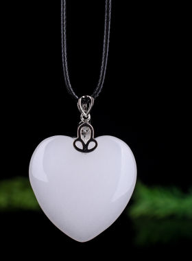 玉石匠新疆和田白玉锆钻爱心形吊坠金丝白玉银镶嵌毛衣链玉坠挂件