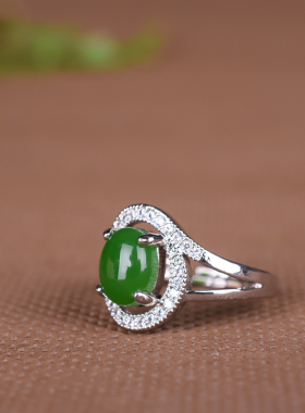 新疆和田玉碧玉戒指环戒面18K金镶钻戒指时尚简约网红活扣女戒指