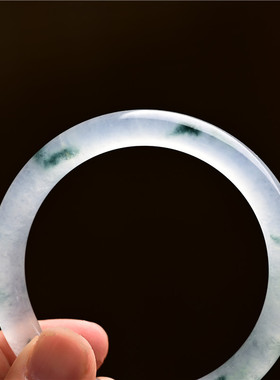 玉石匠翡翠色细圆条玉镯子冰种白底飘绿飘花女款手镯复古百搭手饰