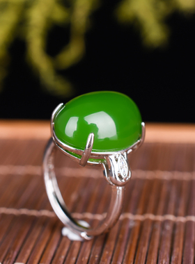 新疆和田碧玉925银镶嵌戒指女款活扣戒子老坑碧玉网红款指环首饰