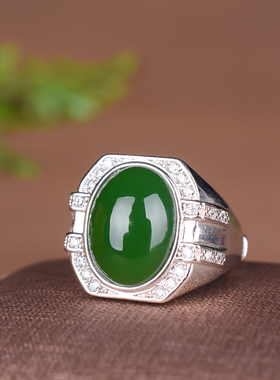 新疆和田玉碧玉戒指可调节 925银镶嵌男款玉戒指菠菜绿色活扣指环