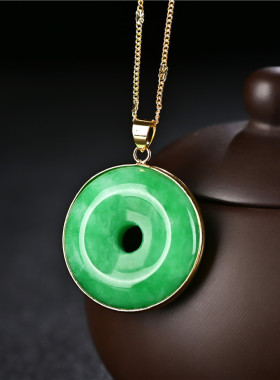 玉石匠缅甸祖母绿色翡翠银镶嵌平安扣吊坠男女款阳绿路路通挂件