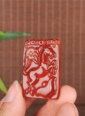 巴西红玉髓生肖马吊坠马上有福 马上有钱玛瑙红方牌马到成功挂件