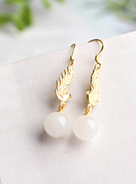 新疆和田白玉圆珠耳坠古法金凤凰镶嵌白玉耳环防过敏羊脂玉耳饰品