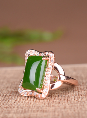 新疆和田碧玉情侣戒指 男女潮款925银镶嵌白玉指环情人节礼物手饰