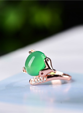 玉石匠玉髓祖母绿色戒指 阳绿色狐狸头镶嵌指环 925银镶嵌首饰
