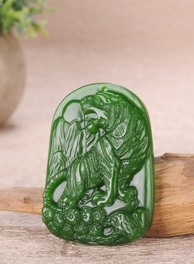 新疆和田碧玉老虎吊坠转运保平安菠菜绿色生肖上山虎玉牌挂件