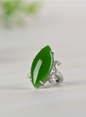 新疆和田玉碧玉戒指 韩款925银镶嵌少女款菠菜绿玉戒指潮流玉指环