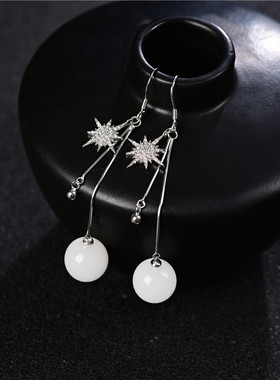 新疆和田白玉圆珠耳坠百搭款长流苏纯银镶嵌耳线女款羊脂玉耳饰品