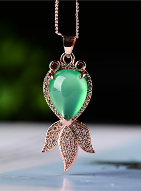 玉石匠玉髓吊坠粉玉髓金鱼吊坠 阳绿色年年有余项链925银镶嵌饰品