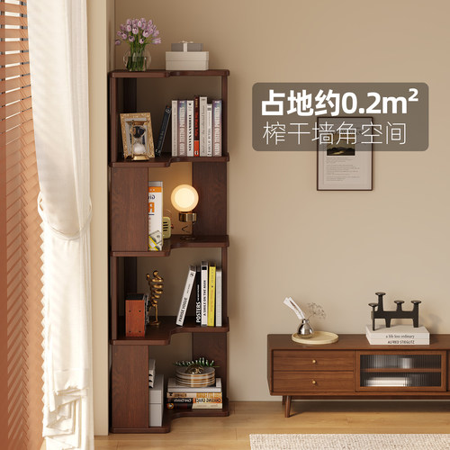 实木转角书架落地置物架一体靠墙简易书柜收纳家用客厅拐角储物柜 - 图0