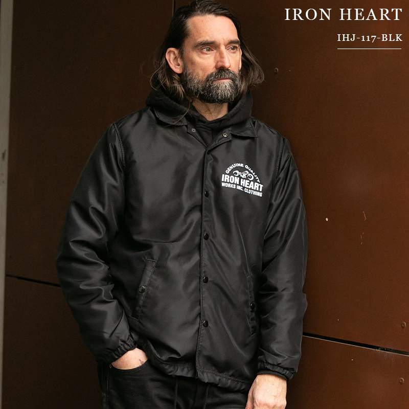 IRON HEART IHJ-117-BLK 铁心20周年尼龙复古印花开襟按扣风衣 - 图0