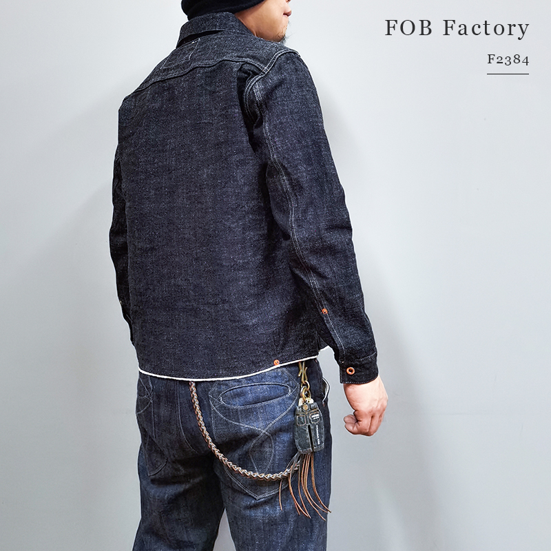 FOB FACTORY F2384 日产工装G3织机14OZ厚衬衫夹克原色牛仔套头衫 - 图0