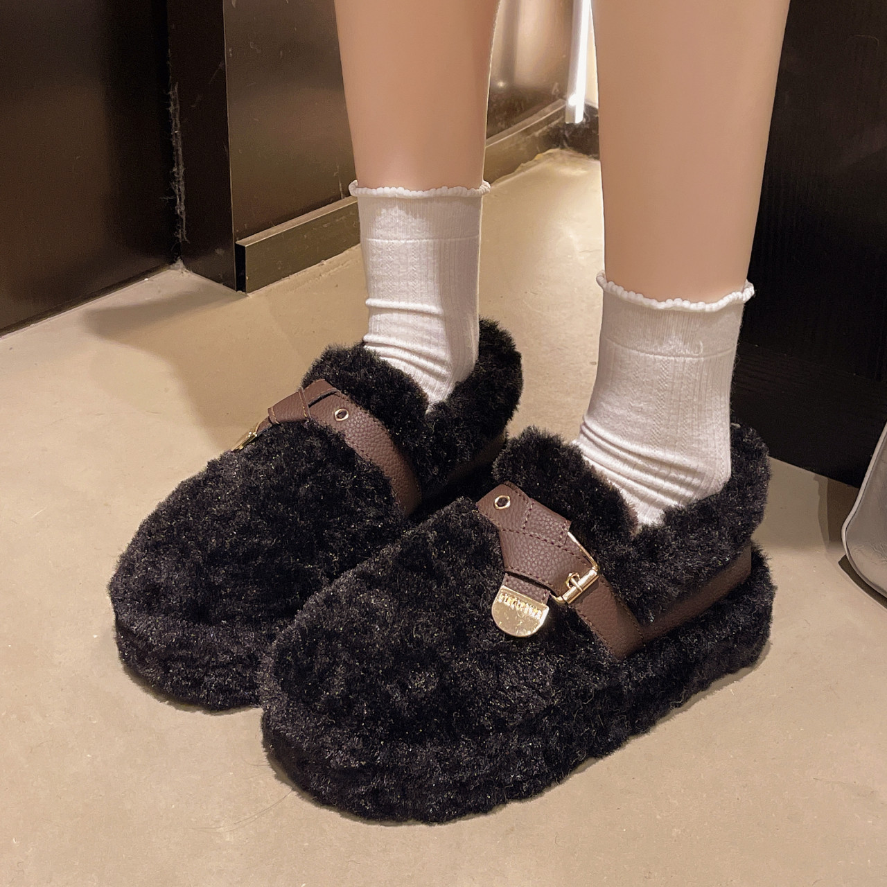 羊羔毛毛鞋女秋冬新款外穿厚底加绒懒人舒适增高一脚蹬豆豆棉鞋潮,淘宝优惠券,粉丝福利购,淘宝优惠卷