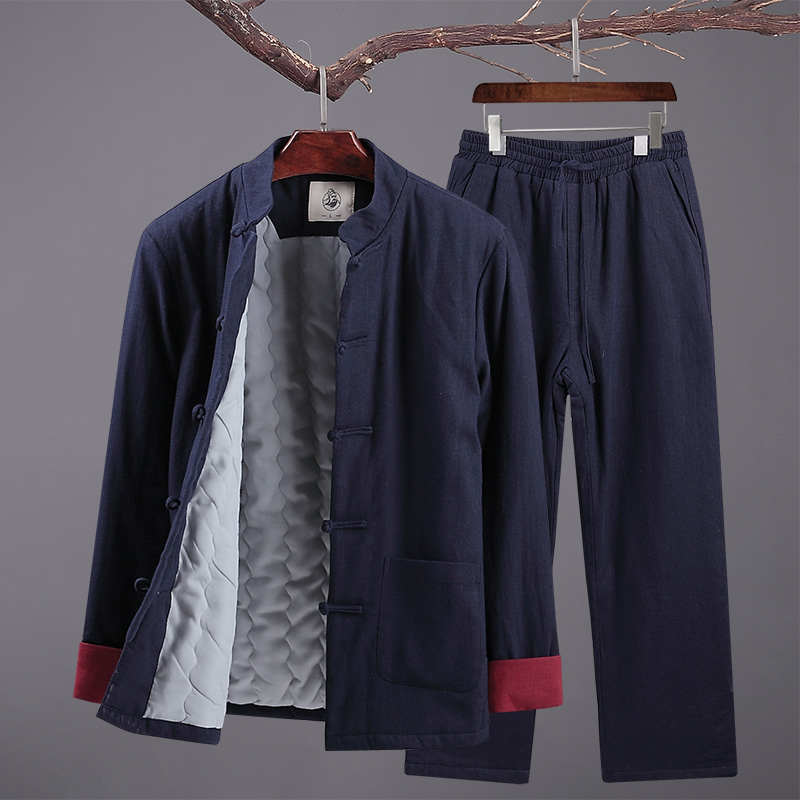 文笙服饰旗舰店冬装男士唐装加厚棉衣套装中国风爸爸外套中年复古棉亚麻汉服棉袄0