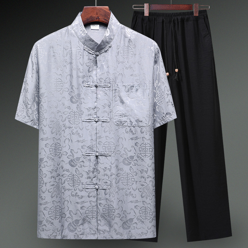 文笙服饰旗舰店唐装男真丝绸缎短袖套装中老年人爸爸装桑蚕丝中国风中式爷爷夏装0