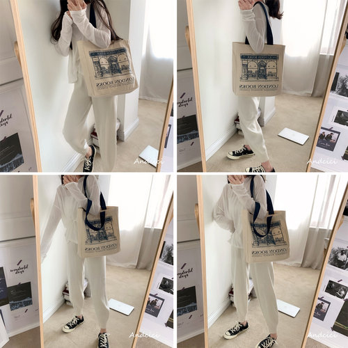 ANDCICI@复古伦敦书店帆布包单肩托特包大容量购物袋男女学生书包 - 图1
