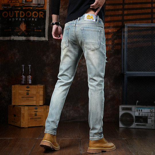 Hong Kong high-end retro men's jeans, men's trendy brand, ripped, handsome, American style, new slim fit, high quality