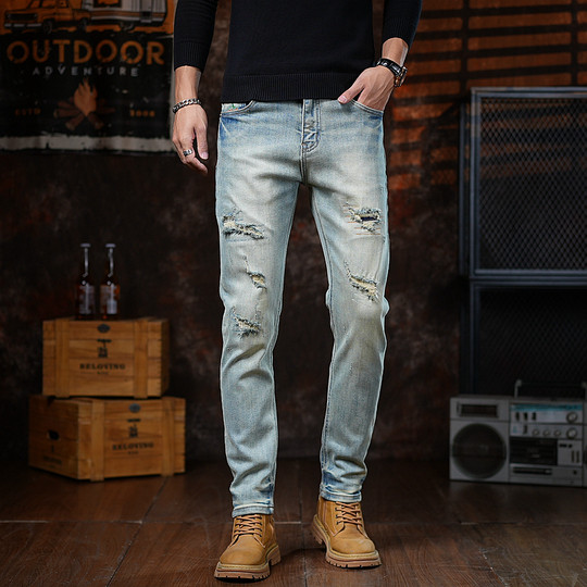 Hong Kong high-end retro men's jeans, men's trendy brand, ripped, handsome, American style, new slim fit, high quality
