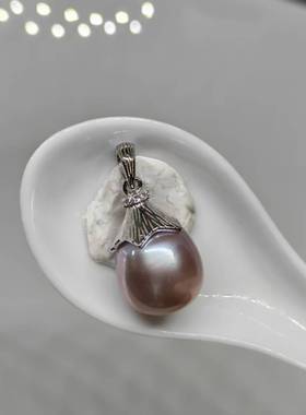 紫茄子 天然淡水珍珠纯银吊坠可爱蔬菜节日礼送纯银链背小点瑕礼