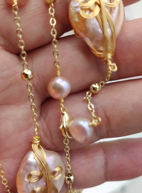 铜丝绕线天然淡水螺纹珍珠纽扣异形珍珠丫字链长款项链特惠