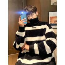 NEW OR MODE High collar sweater mens autumn winter new gush thickened striped needle weaters loose and lazy