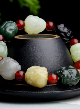 四通新疆和田玉手串男女款多宝貔貅天然黄玉紫玉碧玉青海玉手链