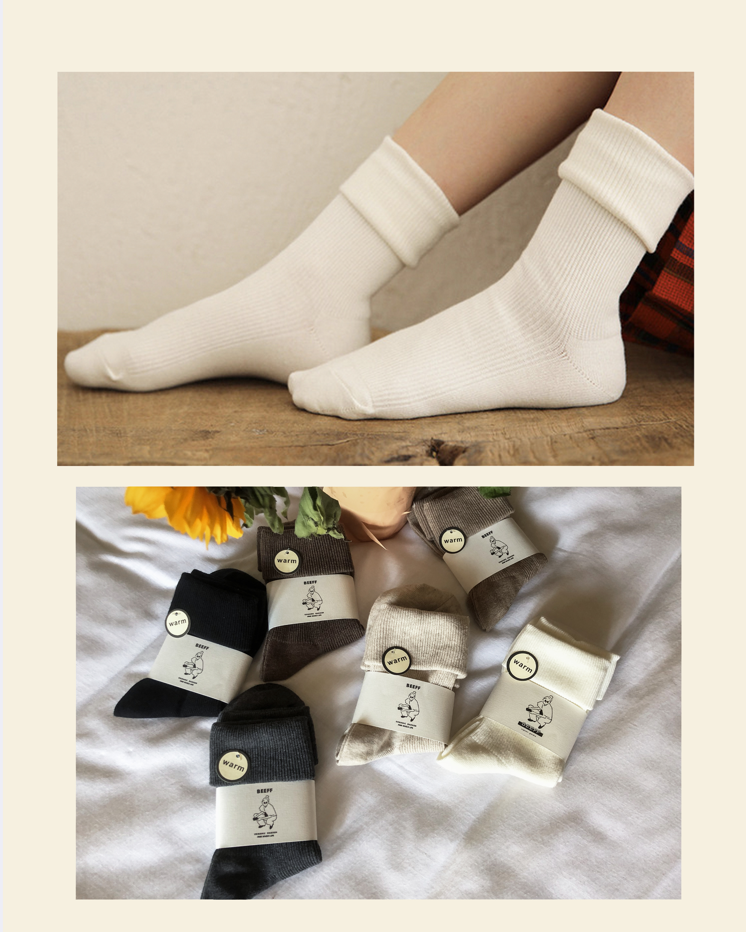 beeff女士 松口堆堆袜中筒长袜女日本 复古气质时尚纯色日系棉袜 - 图2