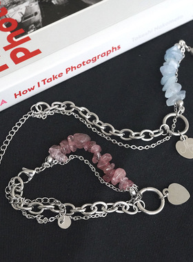 新款不规则蓝色粉红色石头串拼接手链个性气质小众创意潮手饰品夏