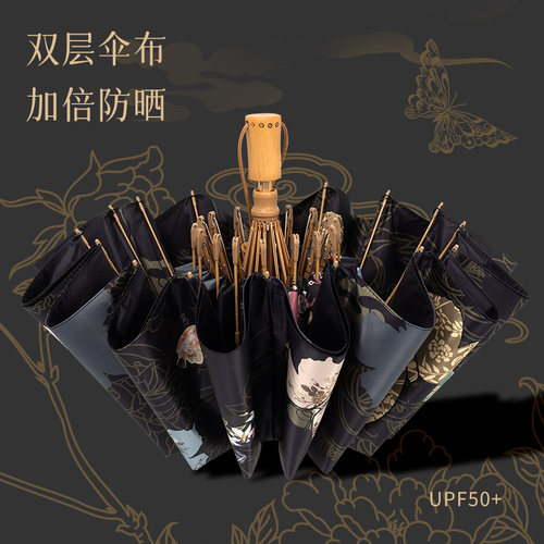 安珀新款中式双层16骨防晒太阳伞晴雨两用女防紫外线加大号遮阳伞-图1