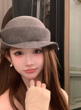 秋冬羊毛礼帽女显脸小时尚花朵盆帽优雅复古渔夫帽千金风八角帽