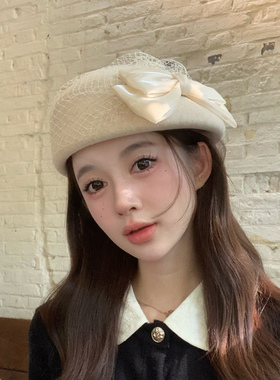 网纱羊毛贝雷帽秋冬时尚蝴蝶结千金帽显脸小毛呢蓓蕾帽复古小礼帽