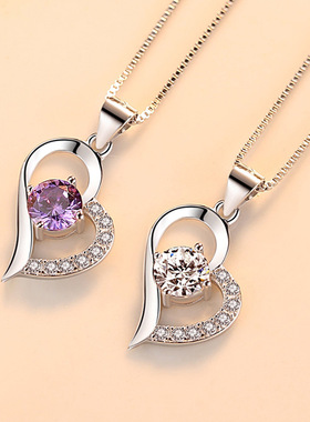 S925纯银项链女一克拉吊坠水晶爱心形足银饰品锁骨链日韩版配饰