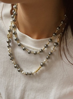 大溪地灰色倪妮同款灰色珍珠项链高级感元毛衣链叠戴复古锁骨链