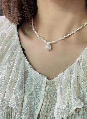 施家正圆玻璃珍珠王妃同款吊坠温柔气质锁骨链灰色真多麻项链