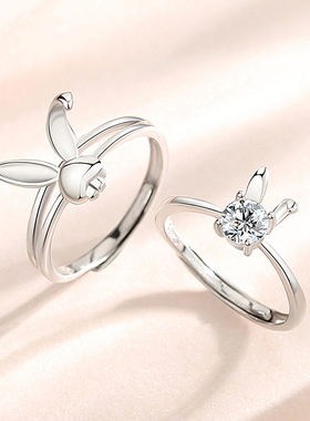 S925纯银情侣纯银兔子戒指女小众简约设计对戒开口礼物送女友