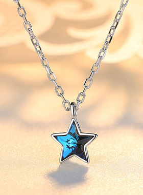 S925纯银蓝色星星项链女气质简约韩国小清新饰品五角星锁骨链