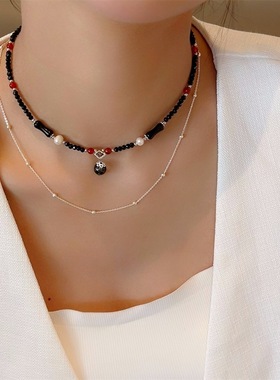 秋冬新款黑色系玛瑙串珠叠戴双层颈链高级感时尚项链百搭配饰品