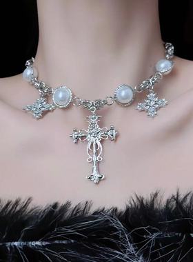 法国topwhit甜酷辣妹镶钻拼接珍珠项链女朋克复古小众时尚个性