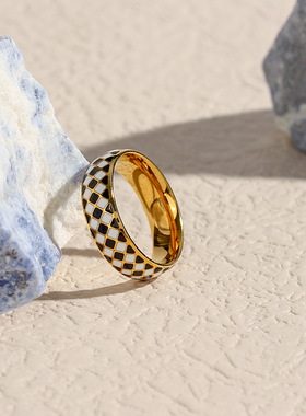 英国george melis欧美轻奢时尚流行指环女镀18k金黑白格子滴油细