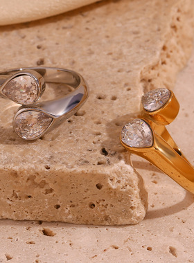 英国george melis欧美百搭个性小众设计指环镀18k锆石双水滴头