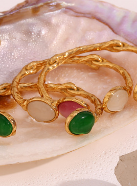 英国george melis欧美时尚气质复古手环镀18k双侧椭圆石开口